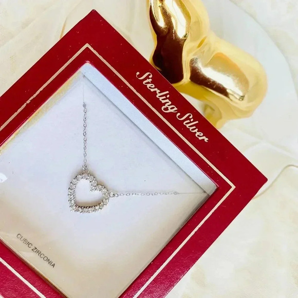 Antique Vintage Sterling Silver Heart Pendant Necklace with Zirconia Stones 16" - Picture 1 of 7